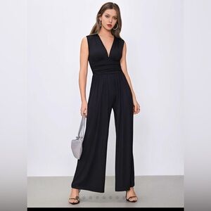 V-NECK RUCHED SOLID WIDE LEG JUMPSUIT